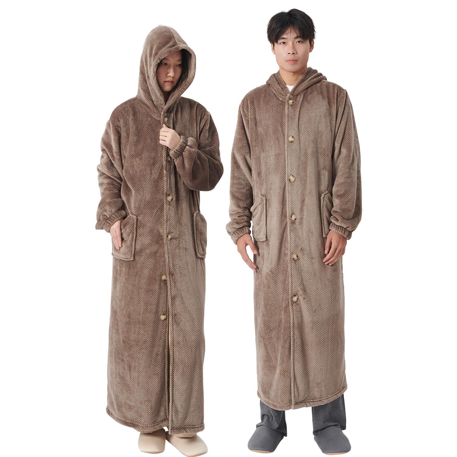 【人気商品】クモリ(Kumori) 冬 着る毛布 ユニセックス M-着丈110cm 暖かい 男女兼用 フランネル かい巻き ふわふわ ポケット付き ボタン付き リブ袖 フード付き 吸湿発熱 静電気防止 丸洗える 