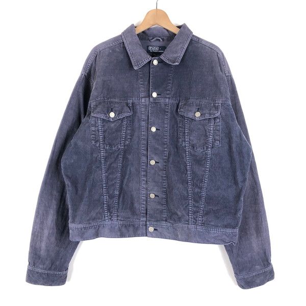 【古着】 RALPH LAUREN ラルフローレン コーデュロイジャケット 細畝 レザーパッチ トラッカージャケット マレーシア製 パープル系 メンズXL 【中古】 n058821