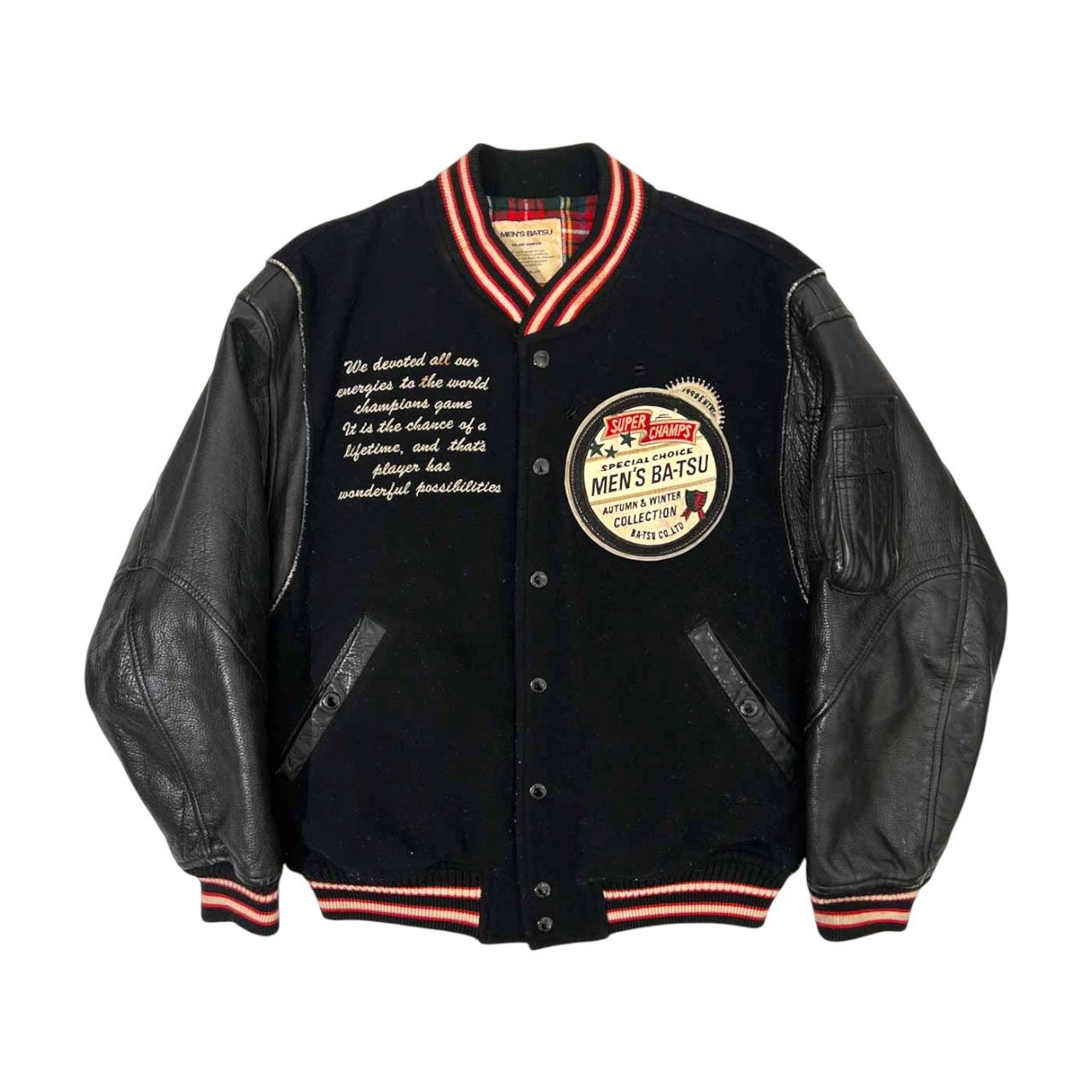 80s vintage MEN'S BATSU メンズバツ 豪華刺繍&ワッペン 裏タータン