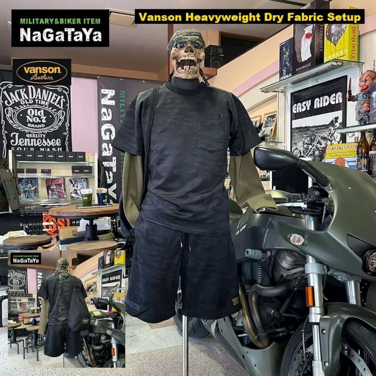 VANSON バンソン ヘビーウェイト ドライ生地 セットアップ上下セット Tシャツ-ショーツ-バッグ Mサイズ NVSU-2101 ブラック カモフラージュ 迷彩柄