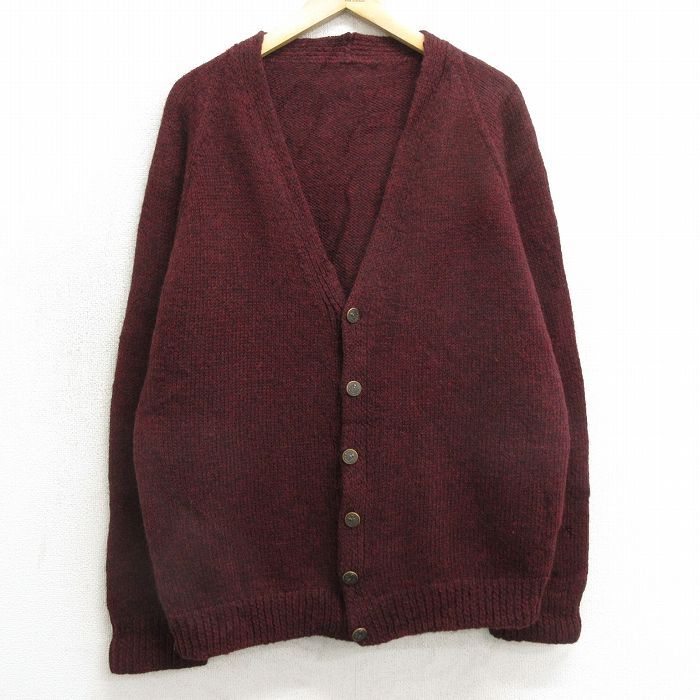 L/古着 長袖 ニット カーディガン メンズ 無地 ラグラン ウール エンジ 24dec27 中古 トップス