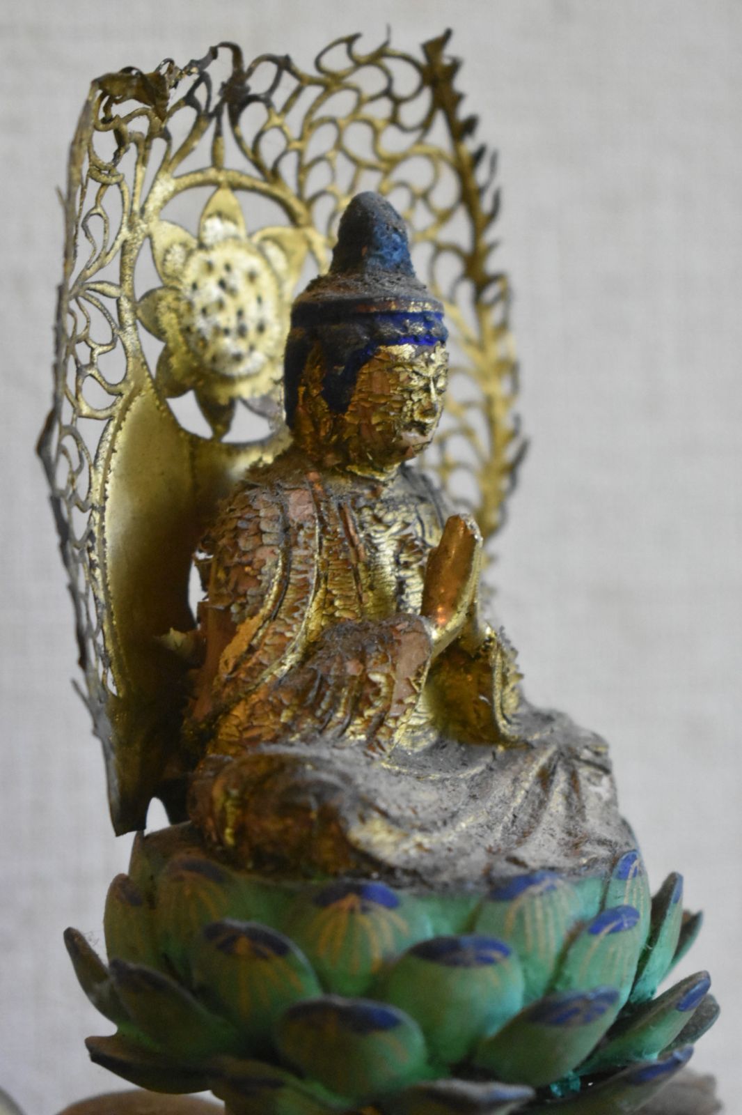 三宝尊 仏像 木彫 光背透かし彫り彫金 時代もの ☆仏教美術 江戸 多宝