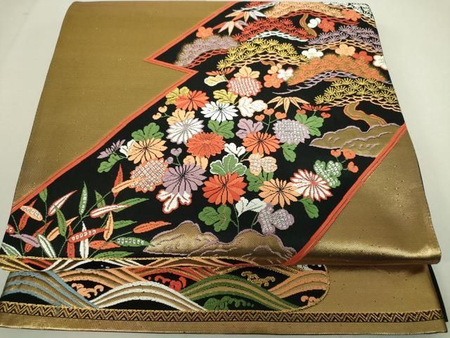 平和屋着物◎六通柄袋帯 唐織 花松文 黒地 金糸 正絹 逸品