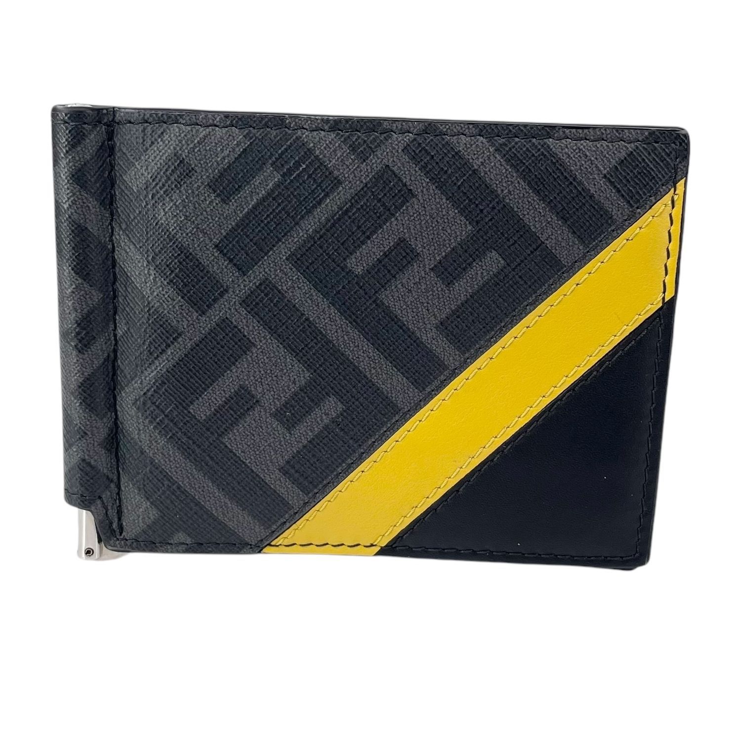 【中古】 Fendi フェンディ 2つ折りマネークリップ   M0281A9XSF0R2A グレーファブリック  カードケース ブラック イエロー メンズ  24014404 KJ