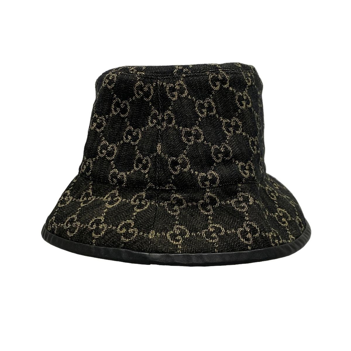 GUCCI グッチ ハット L 59cm GGデニム バケットハット 576371 黒×イエロー バケットハット コットン レザー