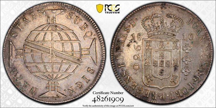 1810 R PCGS AU Detail BRAZIL Joao Prince Regent 960 Reis Real Silver Coin