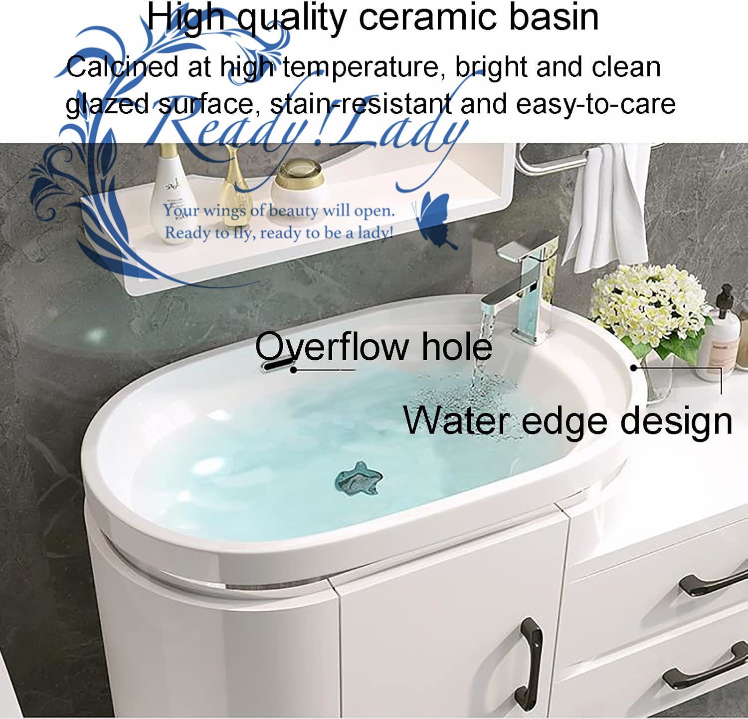 シンク付き洗面化粧台 モダンなウォールマウントフローティングバスルーム化粧台セット 白い化粧台 LEDライト付きミラー 68cm HRDEVELOPMENT_JP