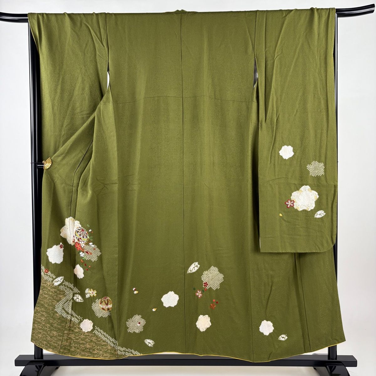 振袖 身丈152.5cm 裄丈67.5cm L 袷 手鞠 桜 刺繍 絞り よもぎ色 正絹 秀品
