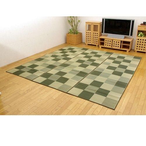 イケヒコ 純国産 い草花ござカーペット ブロック グリーン 江戸間8畳 約