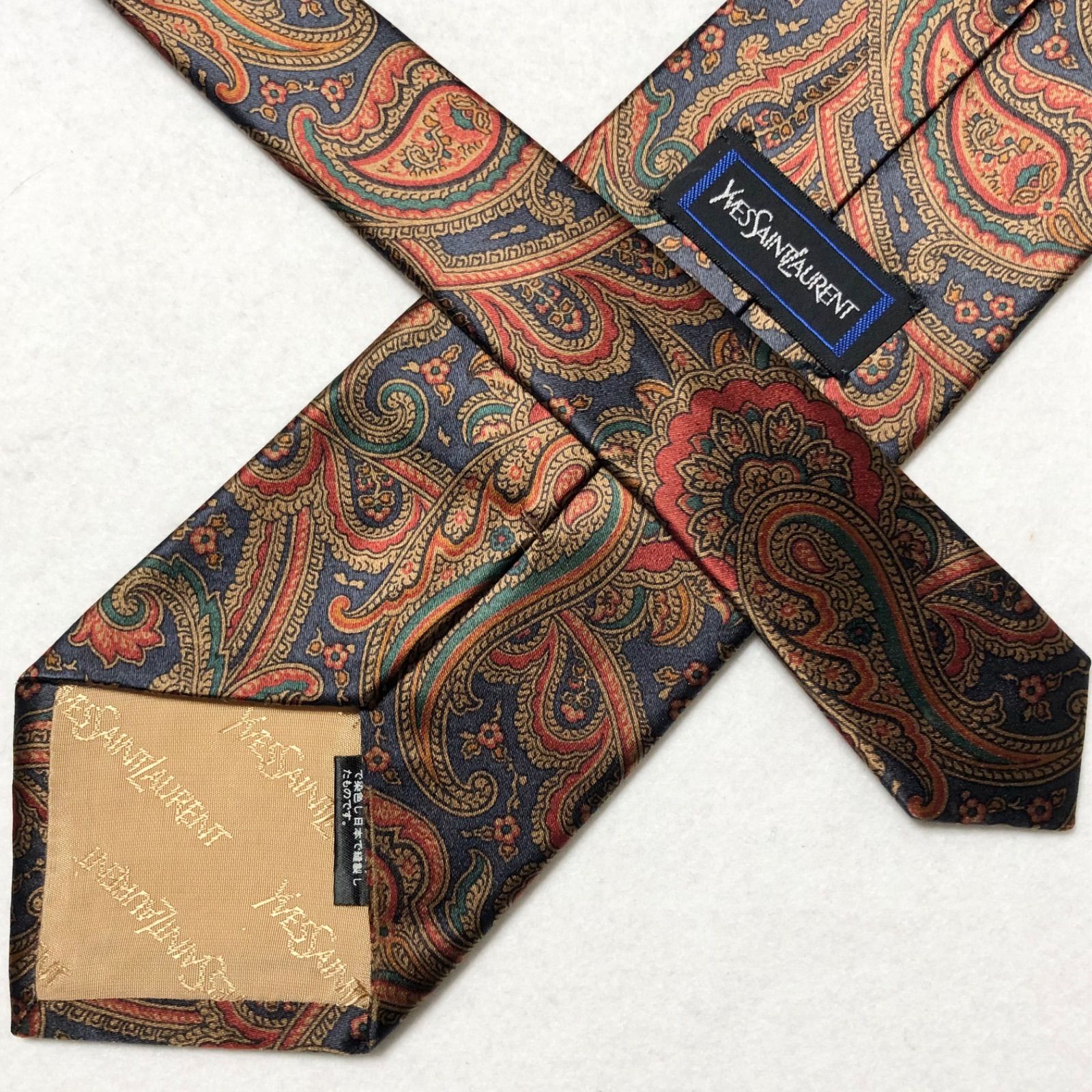 【美品】イヴサンローラン ネクタイ カーキ色 ペイズリー柄 光沢 高級 日本製 高級ブランド】YVES SAINT LAURENT イヴ・サンローラン ネクタイ