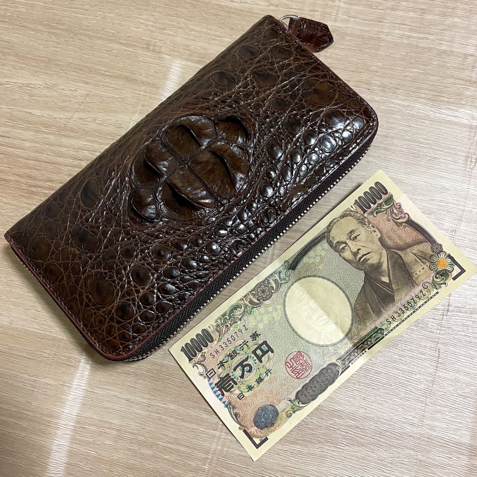 クロコダイル ワイルド 長財布 背部 一枚革 本物証明付 ブラウン 本革