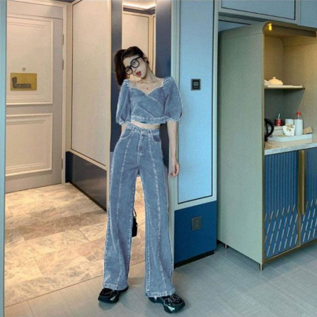 セットアップ レディース カジュアル 夏 デニムパンツ ワイド