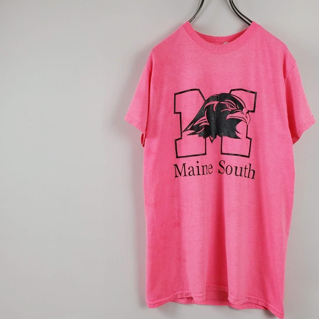 US古着Maine South高校イラストロゴプリントTシャツピンクS古着女子