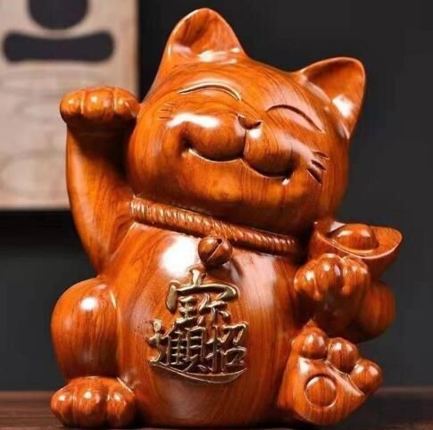 人気推薦 の花梨木彫 招き猫 玄関 客間の置物 招財15CM