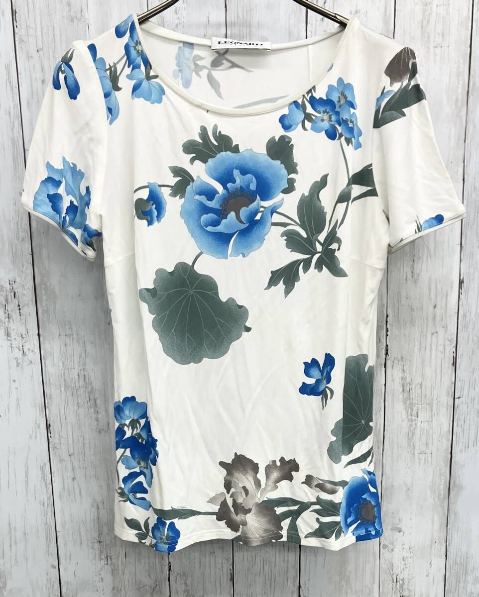 LEONARD 半袖カットソー レオナール クルーネック 花柄 総柄 半袖Tシャツ レーヨン サイズ40