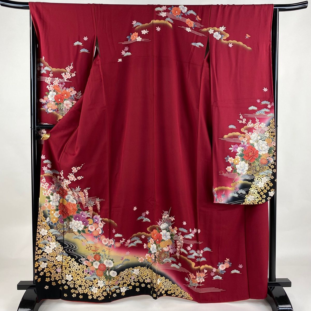 振袖 身丈165.5cm 裄丈66cm M 袷 花車 流水 金糸 金彩 えんじ色 正絹  