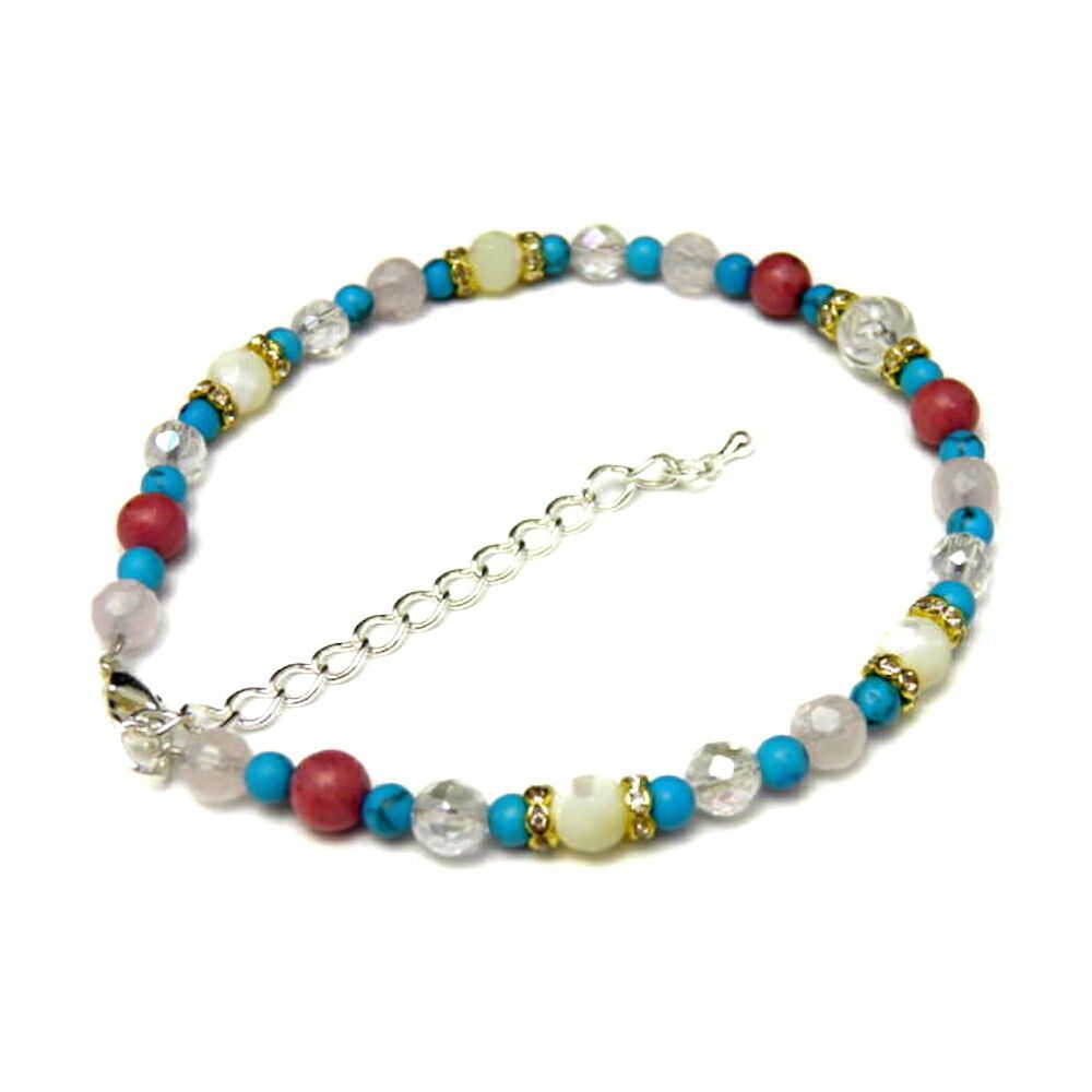 アンクレット】 水晶薔薇モチーフ＆ロードナイト・ターコイズ