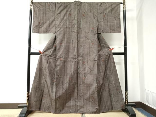 本場大島紬　単衣　９マルキ　風景草花文　正絹 平和屋着物○本場大島紬 カタス9マルキ 色紙草花文 正絹 逸品