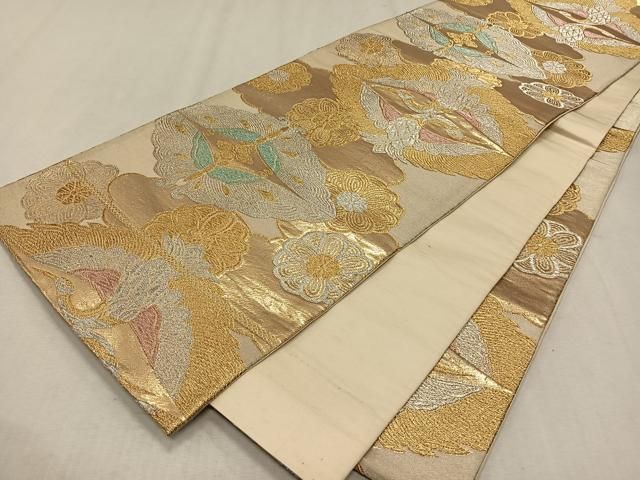 平和屋着物◎六通柄袋帯 双鶴双蝶文 金銀糸 正絹 逸品
