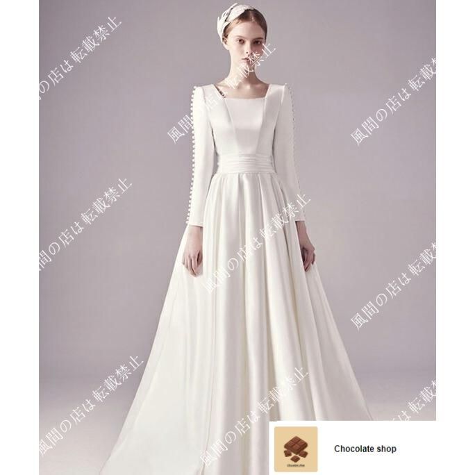 ウェディングドレス Aライン 結婚式 海外挙式 ウエディングドレス 二次会 花嫁 披露宴 ブライダル ロングドレス 長袖 サテン バックレース ss アイテムCC人気急上昇