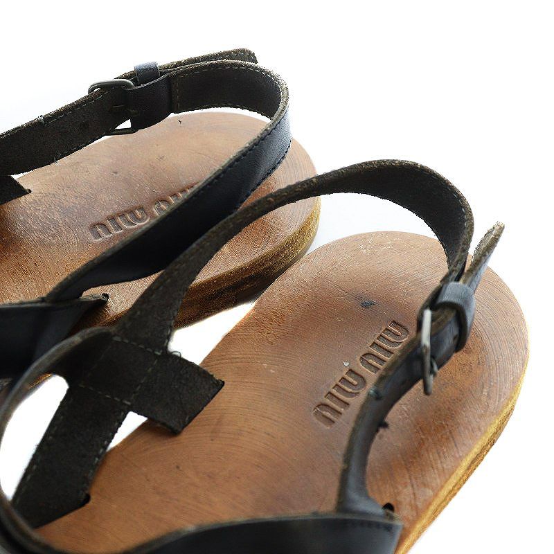 ミュウミュウ miumiu サンダル レザー ビジュー フラット 37