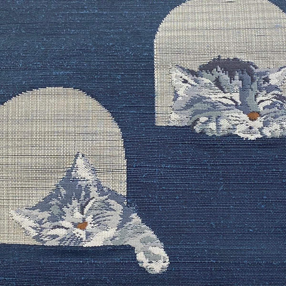 名古屋帯 名品 八寸名古屋帯 紬地 猫 青灰色 正絹