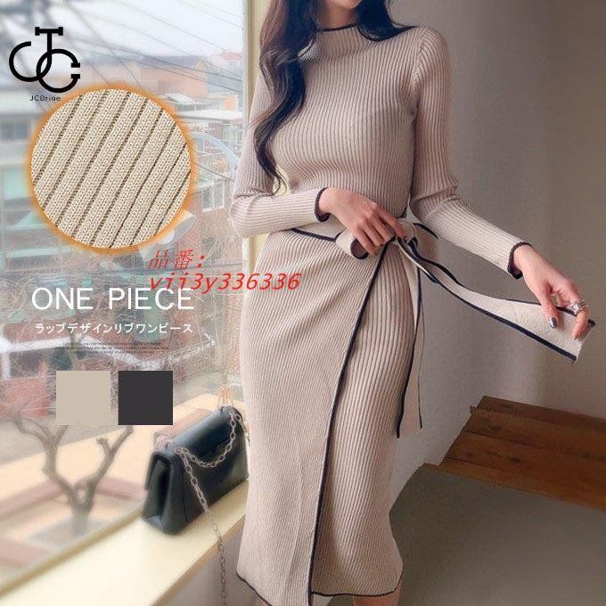 新品未使用☆ウエストリブニットワンピース ラップデザインリブワンピース レディース ニットワンピース 伸縮性