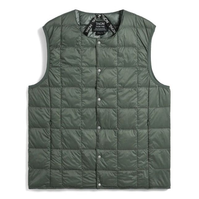 タイオン ダウン ベスト メンズ 体温 ベーシック クルーネックボタン インナーダウンベスト 定番無地 TAION-004 ライトダウンベスト ダークセージグリーン