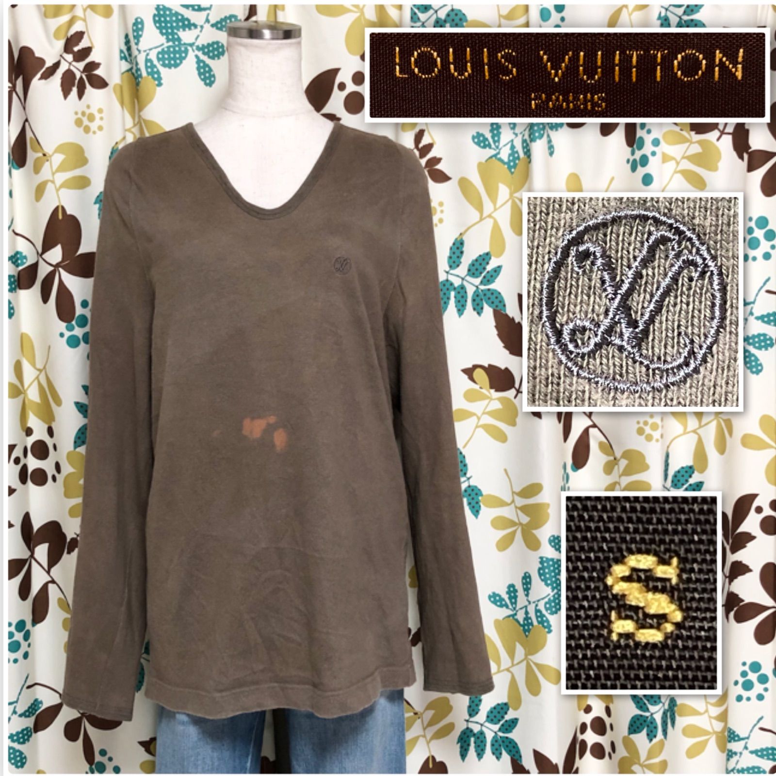LOUIS VUITTON ルイヴィトン Vネック長袖Tシャツ ワンポイント刺繍ロゴ 