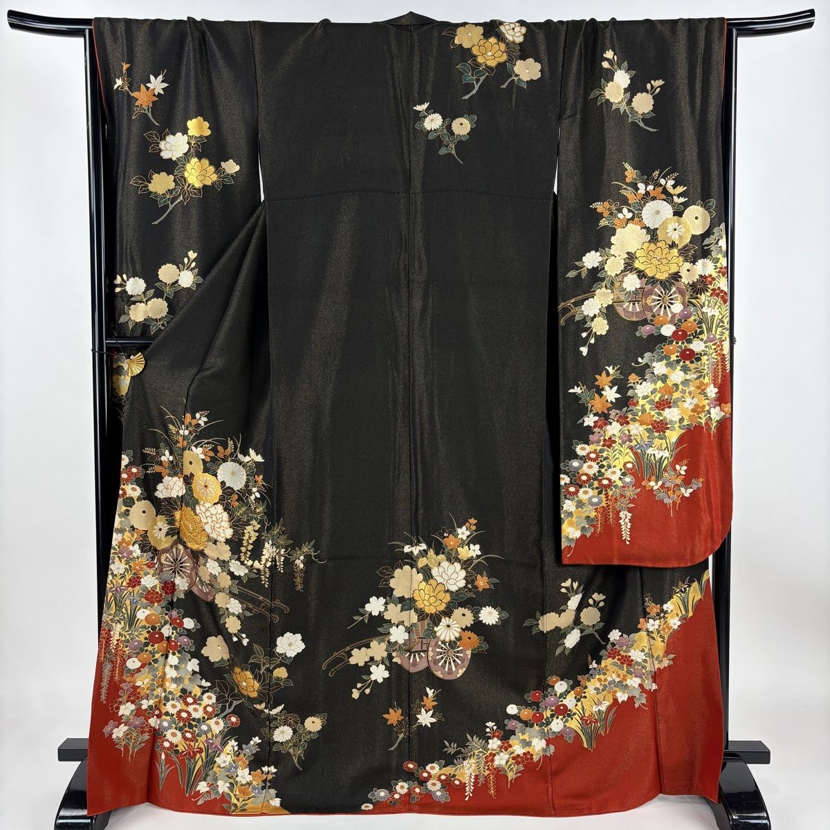 振袖 身丈169.5cm 裄丈70cm L 袷 花車 牡丹 金通し 金彩 黒 正絹