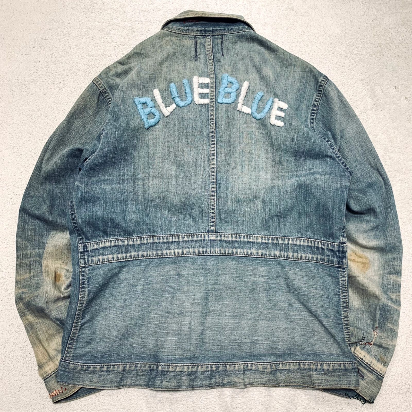 BLUE BLUE デニムジャケット ワークジャケット ドリズラージャケット ハリントンジャケット スイングトップ ヴィンテージ加工 ダメージ加工 フェード リペア ロゴ刺繍 サイズ2 インディゴブルー アイスブルー 青系 ブルーブルー