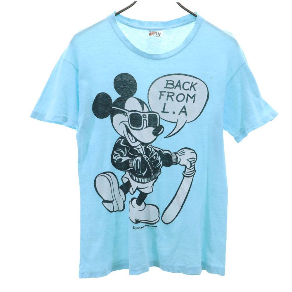 ヘインズ 70s 80s USA製 ヴィンテージ ミッキーマウスプリント 半袖 Tシャツ M ブルー系 Hanes メンズ 古着 【240513】 メール便可