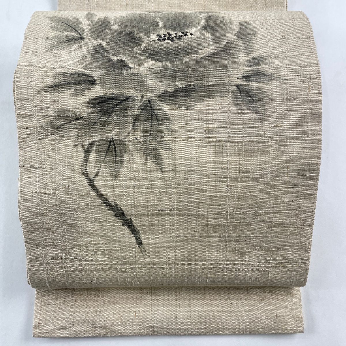 開き名古屋帯 秀品 牡丹 ベージュ 正絹