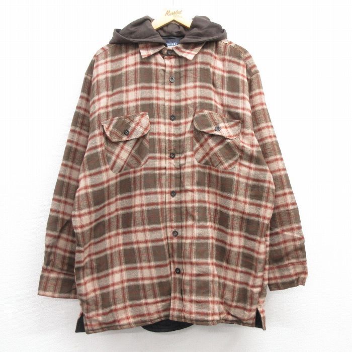 XL/古着 長袖 シャツ ジャケット パーカー メンズ 大きいサイズ ロング丈 コットン ベージュ他 カーキ チェック 内側キルティング 24nov19 