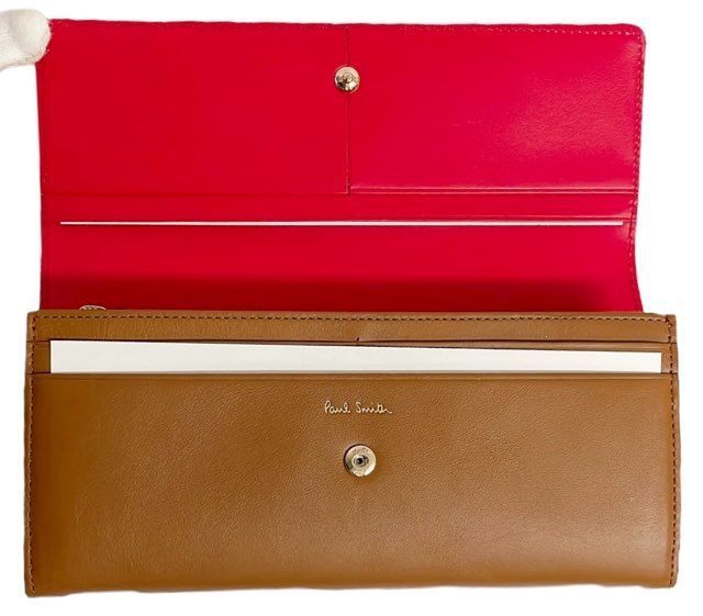未使用 ポールスミス 長財布 レザー ロゴ 　キャメル　ブラウン　レッド　ケースあり 財布 牛革　メンズ レディース Paul Smith 二つ折り BWD096 未使用 ポールスミス 長財布 レザー ロゴ キャメル ブラウン レッド