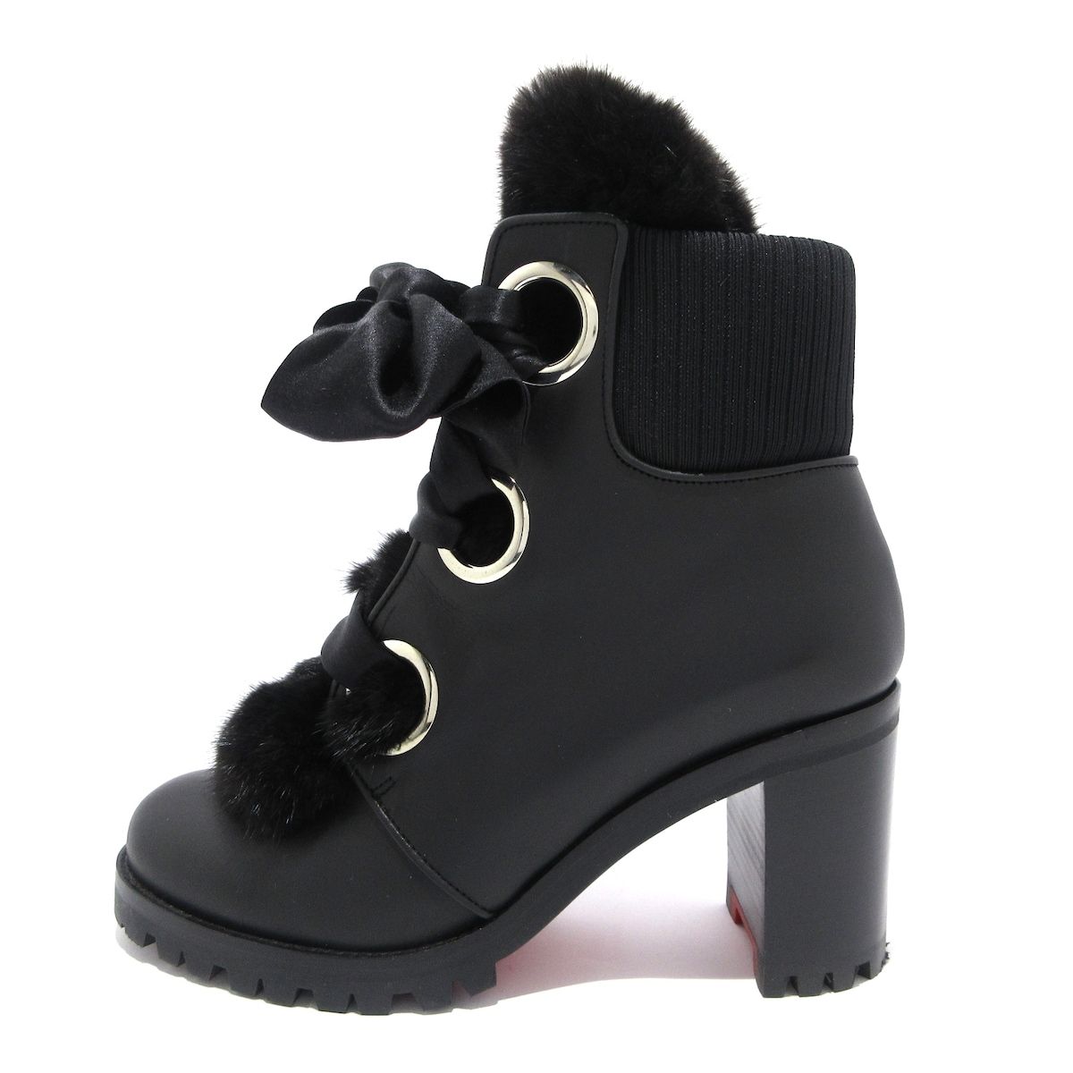 CHRISTIAN LOUBOUTIN クリスチャンルブタン ショートブーツ 35 1|2 レディース - 黒 レースアップ レザー ファー