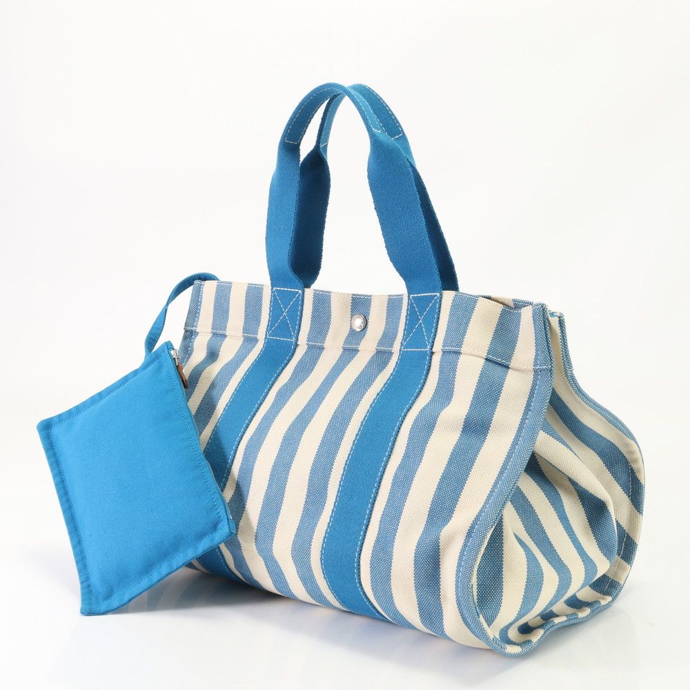 美品 エルメス カンヌ MM ポーチ 付 ストライプ トート バッグ 肩掛け