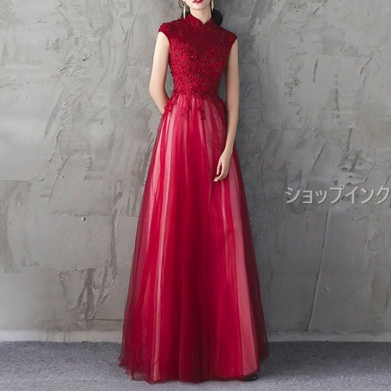 パーティードレス 結婚式 パーティードレス イブニングドレス ロングドレス レッド レース シック 韓国風 発表会 卒業会 二次会 フォーマル チャイナ