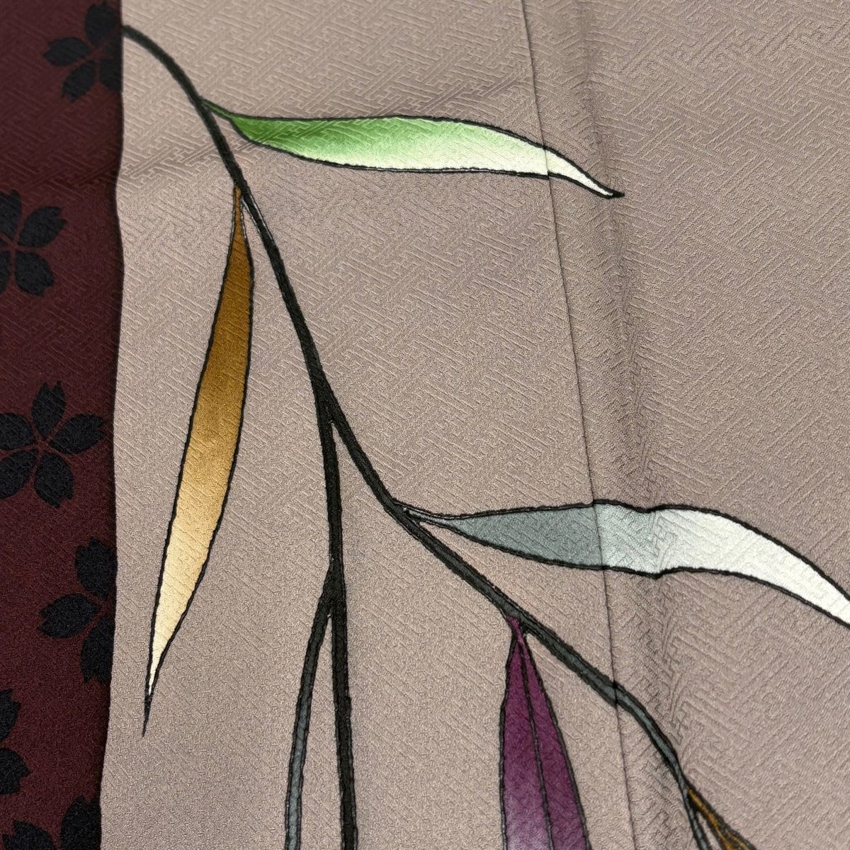 付下げ 身丈160cm 裄丈63.5cm S 袷 斉藤三才 落款 葉柄 桜 灰紫 正絹