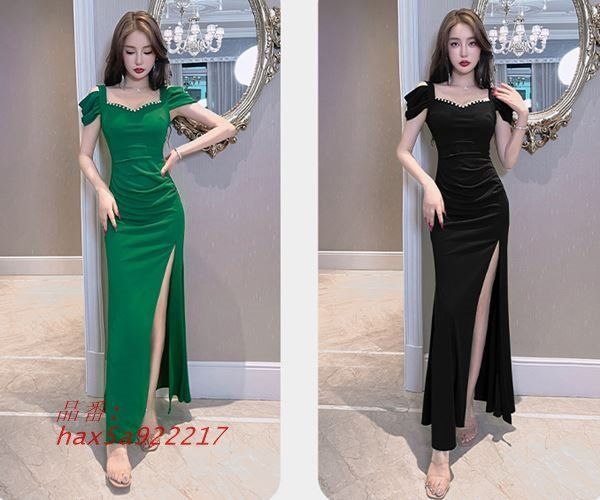 セクシー前スリット入り胸元ビジュロングドレス