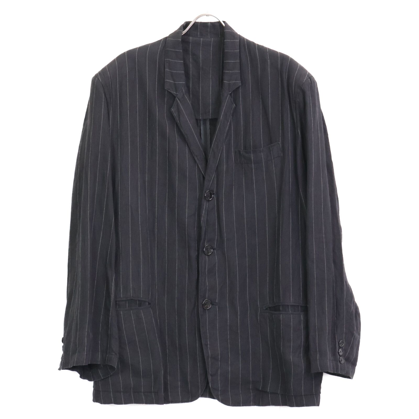 Yohji Yamamoto POUR HOMME ヨウジヤマモトプールオム 黒 ｽﾄﾗｲﾌﾟ ﾘﾈﾝ ｽｰﾂ ｾｯﾄｱｯﾌﾟ ジャケット S ボトムス M KIN-KAAI_COM