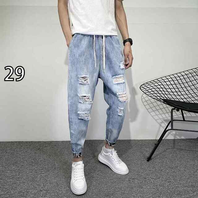 [29]秋冬 コーデ メンズ  服 シンプル ファッション オシャレ 大人 かっこいい 大きいサイズ ストリート 紳士服 ウォッシュド ライト カラー リップ ジーンズ 九分丈 パンツ
