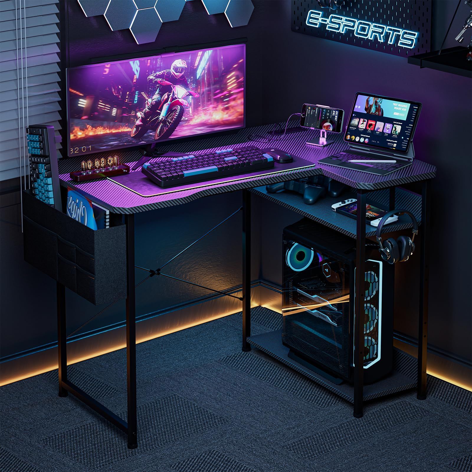 棚付きl字デスク パソコンデスク 棚高さ調節 cm 幅100 ゲームデスク 奥行70cm カーボン調天板 コンセント付き 収納バッグ付き ワークデスク 左右入替OK L字 ゲーミングデスク Acrolix MARWIL-DEMENAGEMENTS_CH