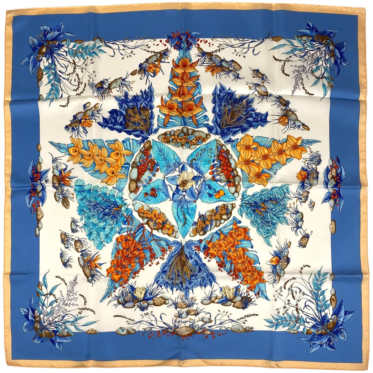 エルメス HERMES カレ 90 Pythagore ピタゴラス スカーフ シルク ブルー マルチ レディース