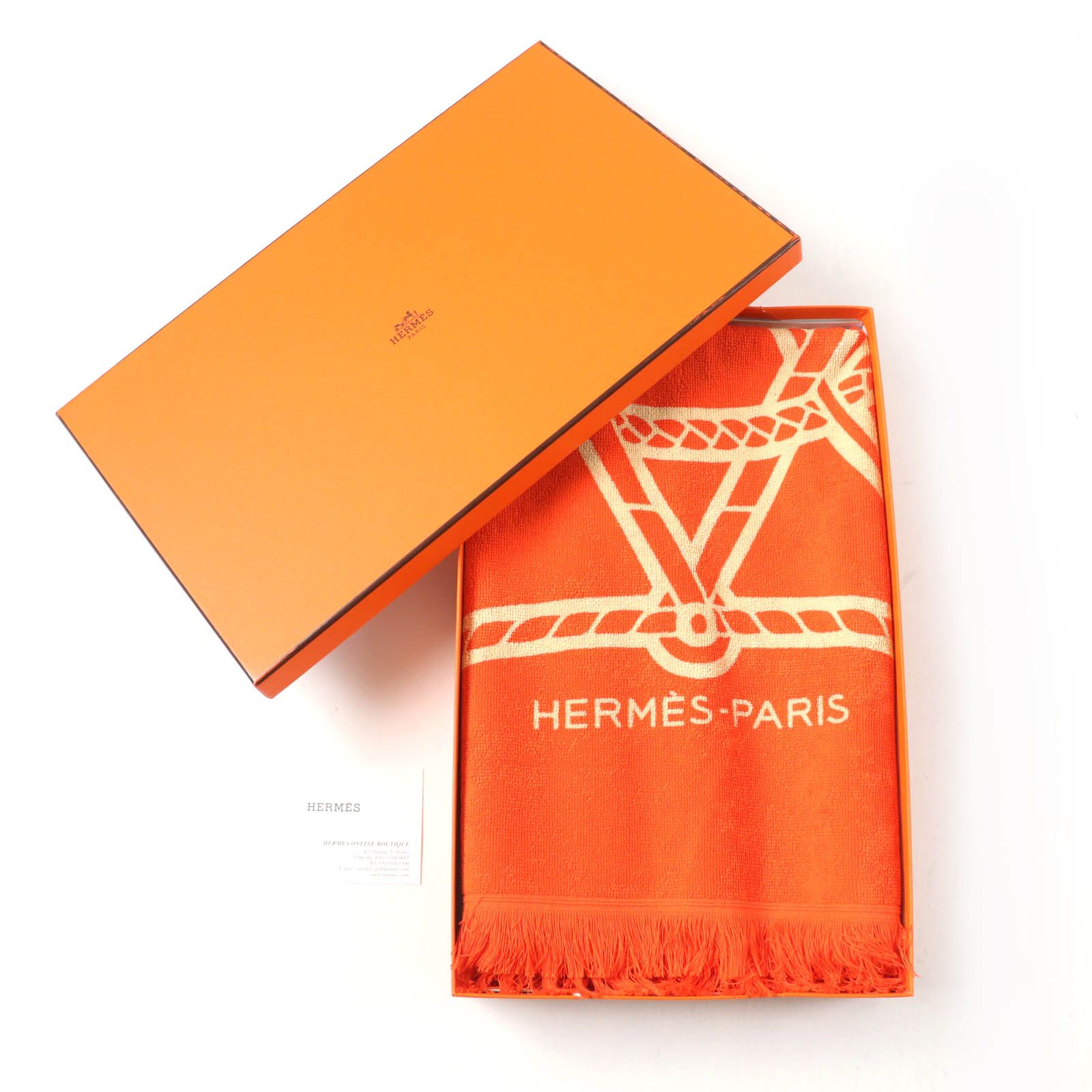 ♥品 HERMES エルメス Yachting Tatoo Tressages Marins コットン100％ 22年 フリンジ付 ビーチバスタオル オレンジ き フランス製 レディース