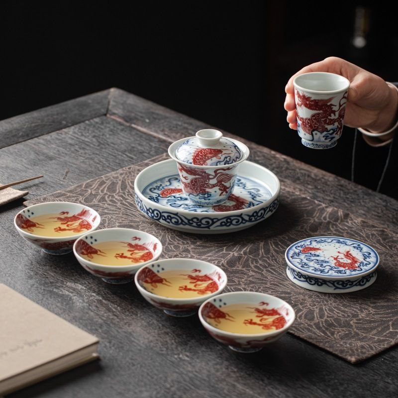 点セット 青花釉裏 紅龍紋 蓋碗 茶器 茶碗 セット 手描き コップ