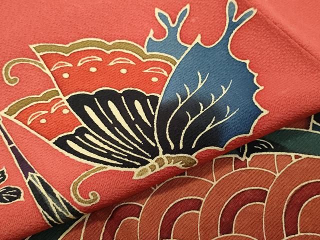平和屋着物○豪華振袖 型染め 紅型 舞蝶風景花鳥文 正絹 逸品  