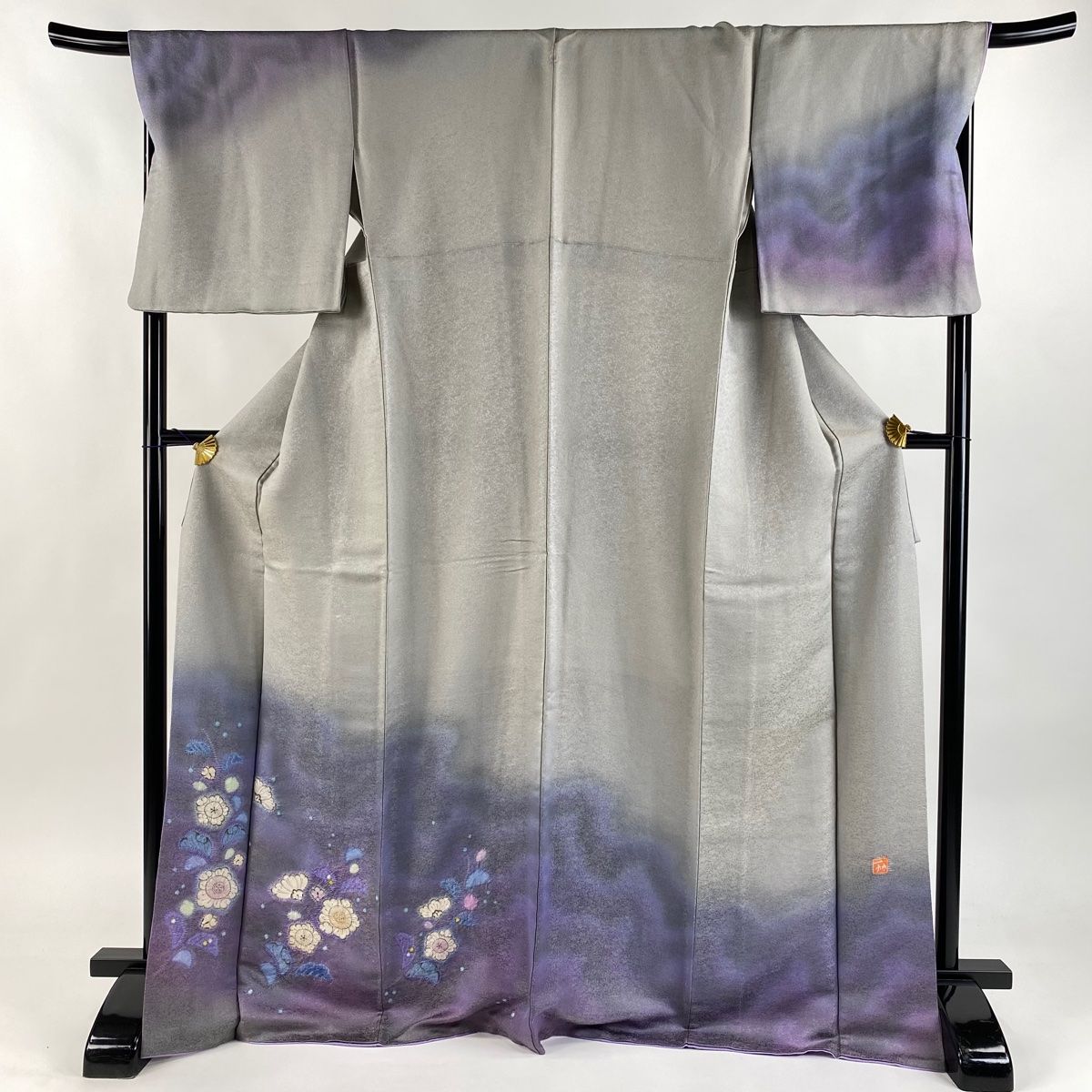 付下げ 身丈171.5cm 裄丈70cm L 袷 二代目 久保田一竹 鈴乃屋 落款 辻が花 金通し ぼかし 灰色 正絹 一つ紋
