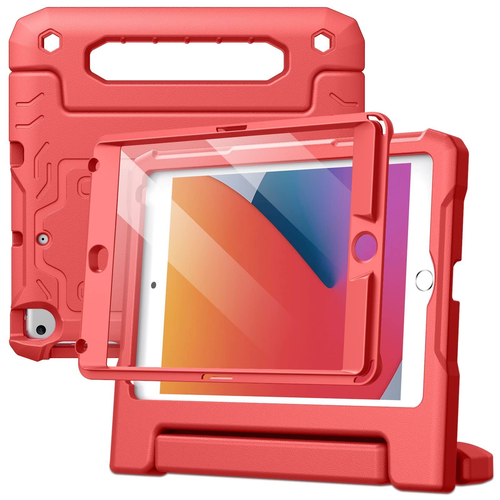 【数量限定】【大人気】子供用 iPad mini 5/4/3/2/1 ケース（7.9インチ、2019/2015/2014/2013/2012モデル）液晶保護フィルム付き JEDirect 耐衝撃 フルボディハンドルスタンド タブレット保護カバー (レッ