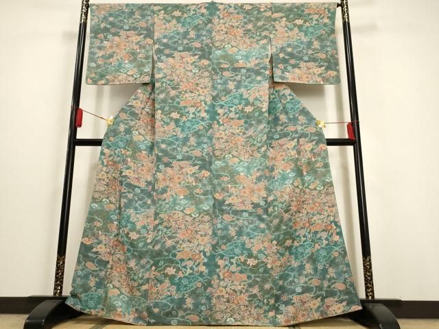 平和屋着物□上質な小紋 花唐草文 暈し染め 金彩 鬼しぼ縮緬